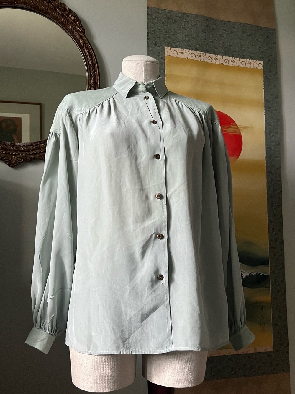 Silk Button Front Long Sleeve Blouse - Light Sage